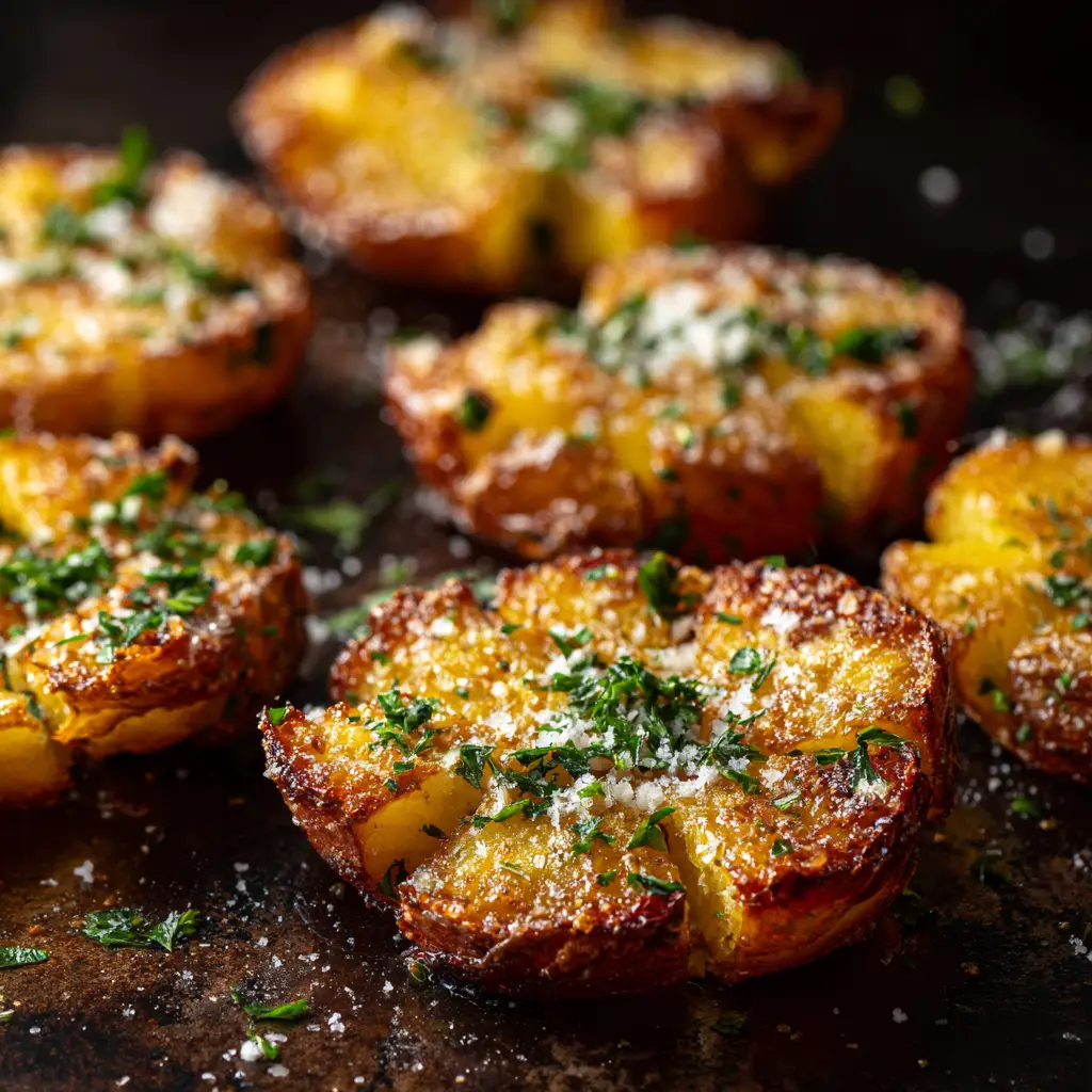A baking sheet full of golden roasted smashed potatoes fresh out of the oven, sprinkled with salt and herbs.
