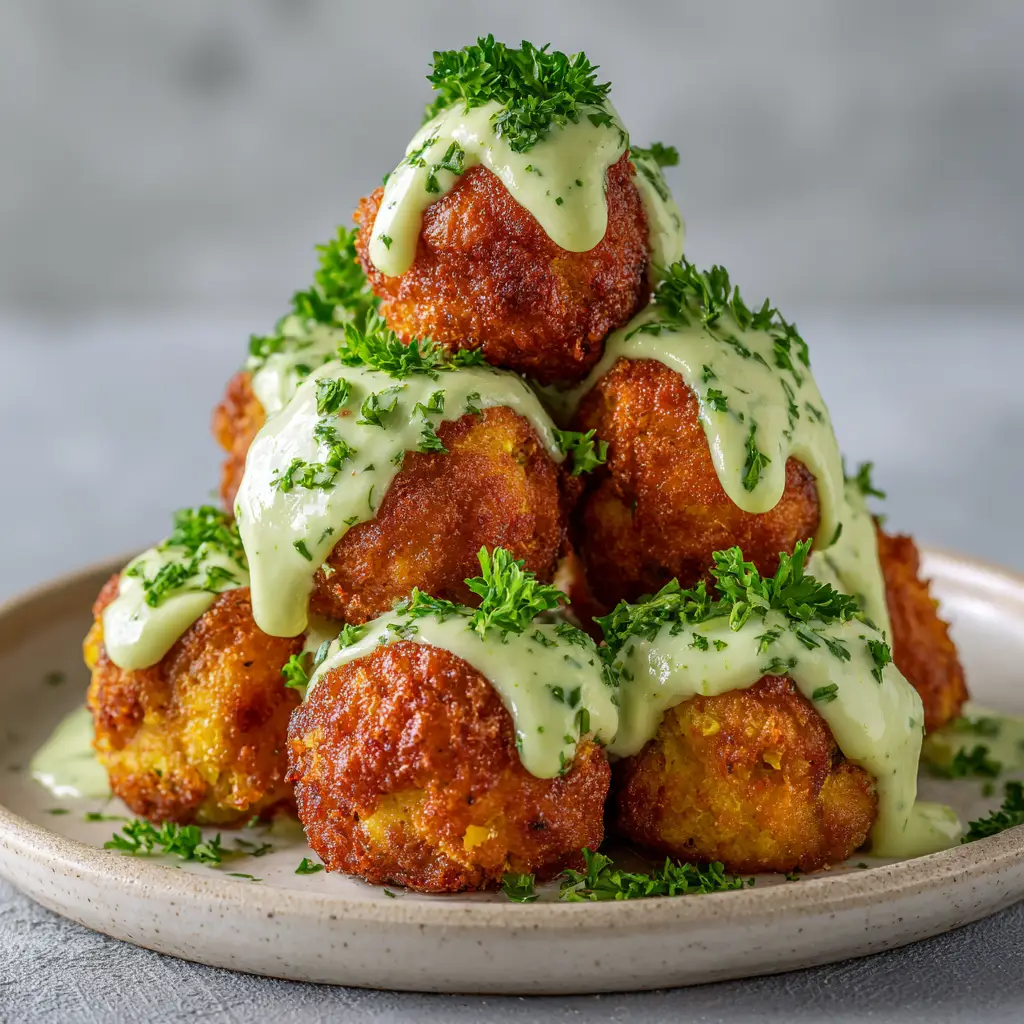 A plate of freshly made salmon balls garnished with fresh dill and a lemon wedge on the side.