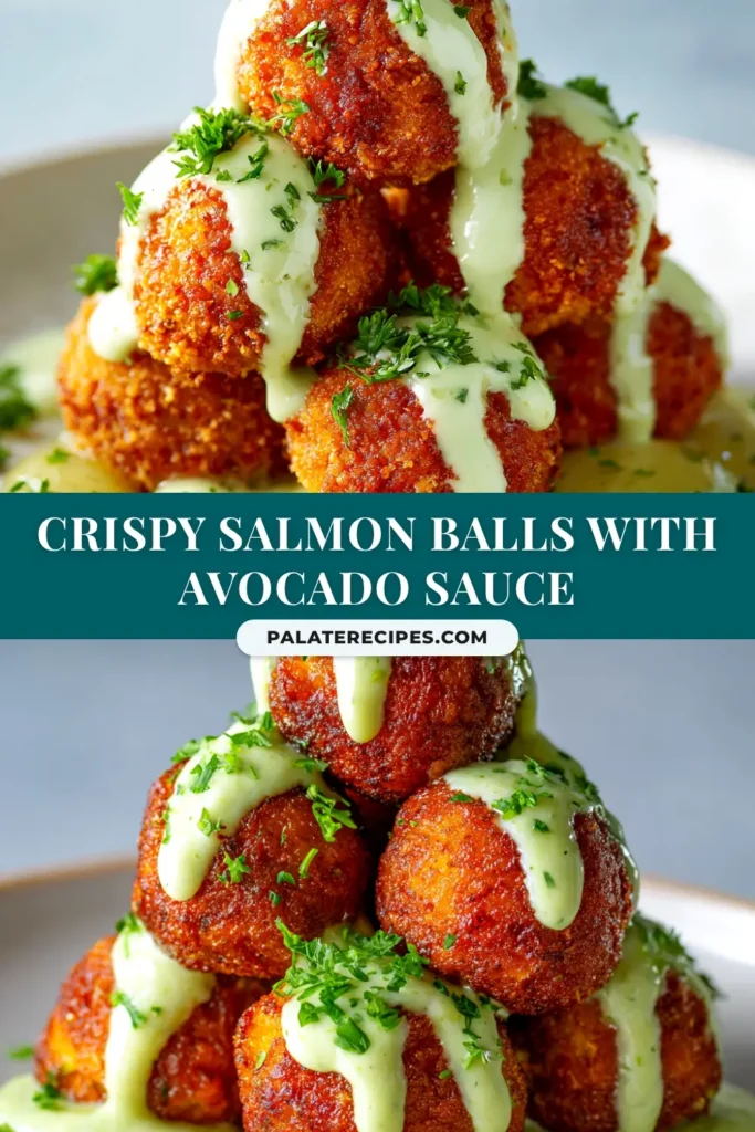 Crispy golden salmon balls recipe stacked on a plate with a side of creamy lemon dill dipping sauce. The perfect easy appetizer idea.