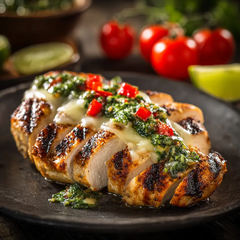 The Salsa Verde Pepper Jack Chicken being prepared in an oven-safe skillet before baking, showing the chicken breasts covered in the green salsa.