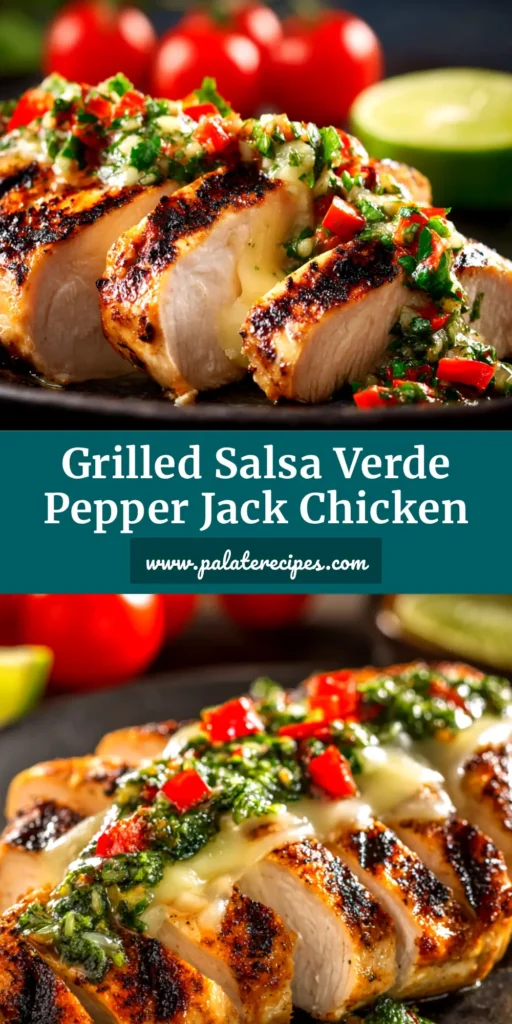 A close-up of Salsa Verde Pepper Jack Chicken in a skillet. The chicken is golden brown, covered in melted, bubbly pepper jack cheese and zesty green salsa, ready to be served.