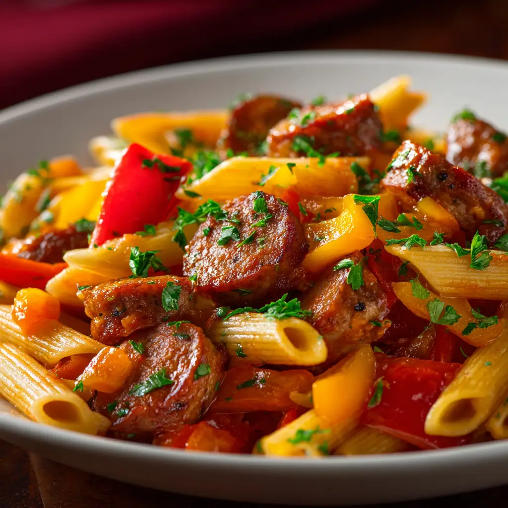 Sausage and Pepper Pasta (The Ultimate Weeknight Recipe) 3 An extreme close-up of Sausage and Pepper Pasta, showing the texture of the rich tomato sauce clinging to the penne, with bits of sausage and colorful peppers.
