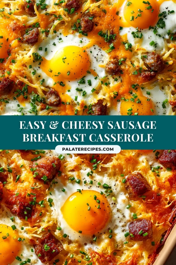 Sausage Hashbrown Breakfast Casserole (Easy & Cheesy) 5 A delicious slice of Sausage Hashbrown Breakfast Casserole on a white plate, showing layers of cheesy eggs, sausage, and golden hash browns. The perfect make-ahead brunch recipe.