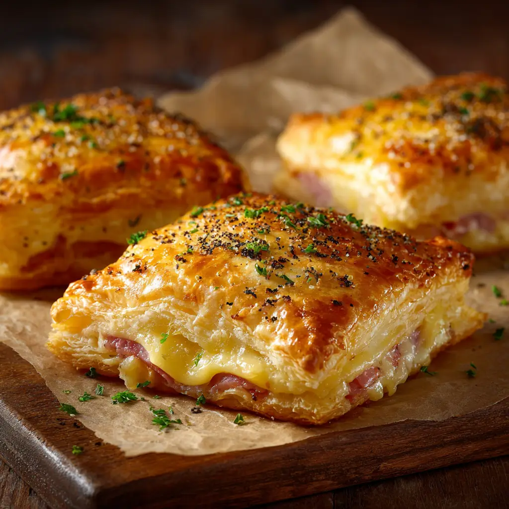 A tray of freshly baked savory puff pastry snacks ready for a party.