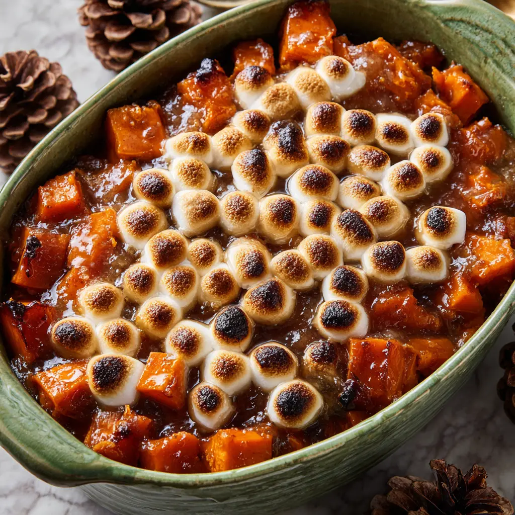 A spoonful of easy sweet potato casserole being lifted from a baking dish, showing the creamy texture underneath the topping.