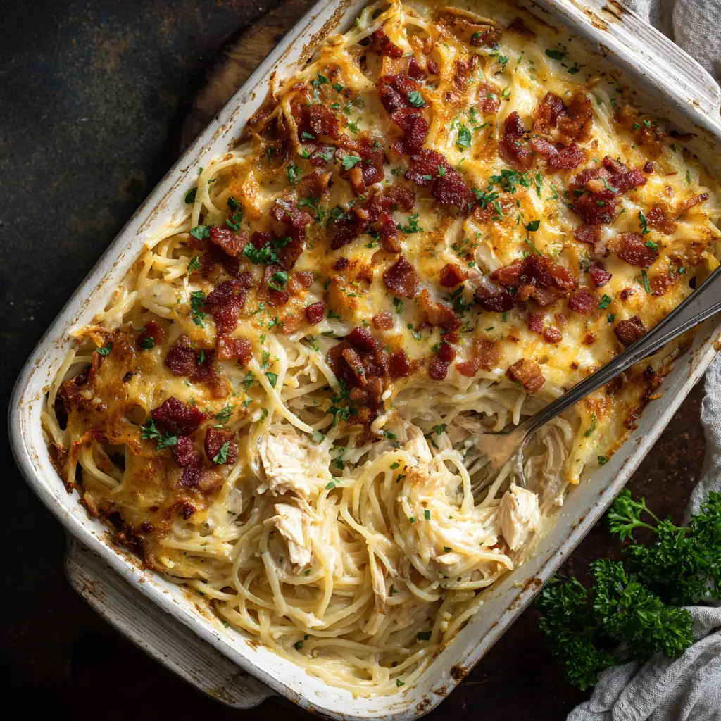 Chicken Spaghetti Bake: The Ultimate Cheesy & Creamy Recipe 2 A scoop of easy chicken spaghetti bake on a serving spoon, highlighting the gooey cheese and tender pieces of chicken mixed with pasta.