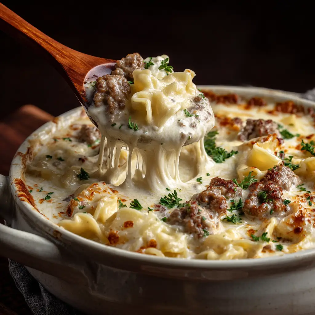 A spoonful of creamy alfredo lasagna soup being lifted from a bowl, showcasing the cheesy ricotta topping melting into the hot broth.