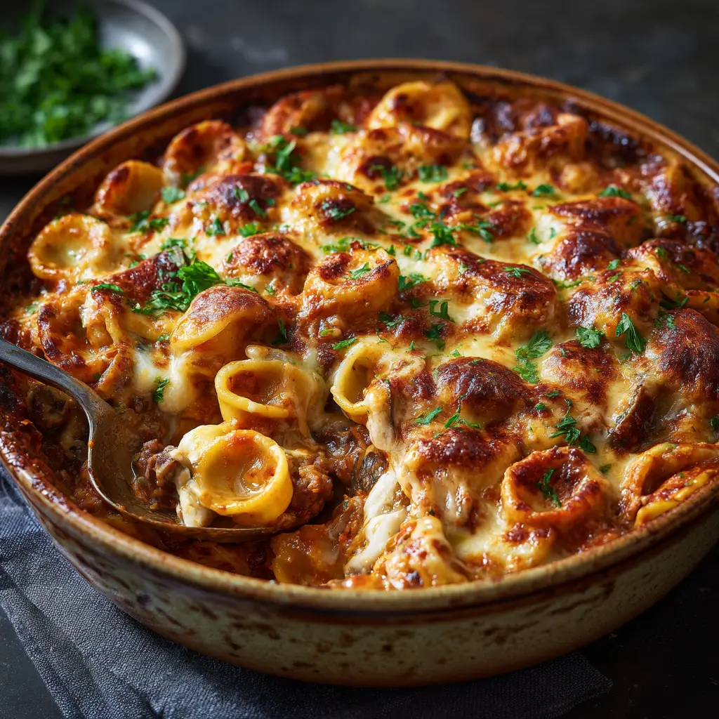 A spoonful of baked orecchiette being lifted from the dish, showing the creamy sauce and tender pasta.