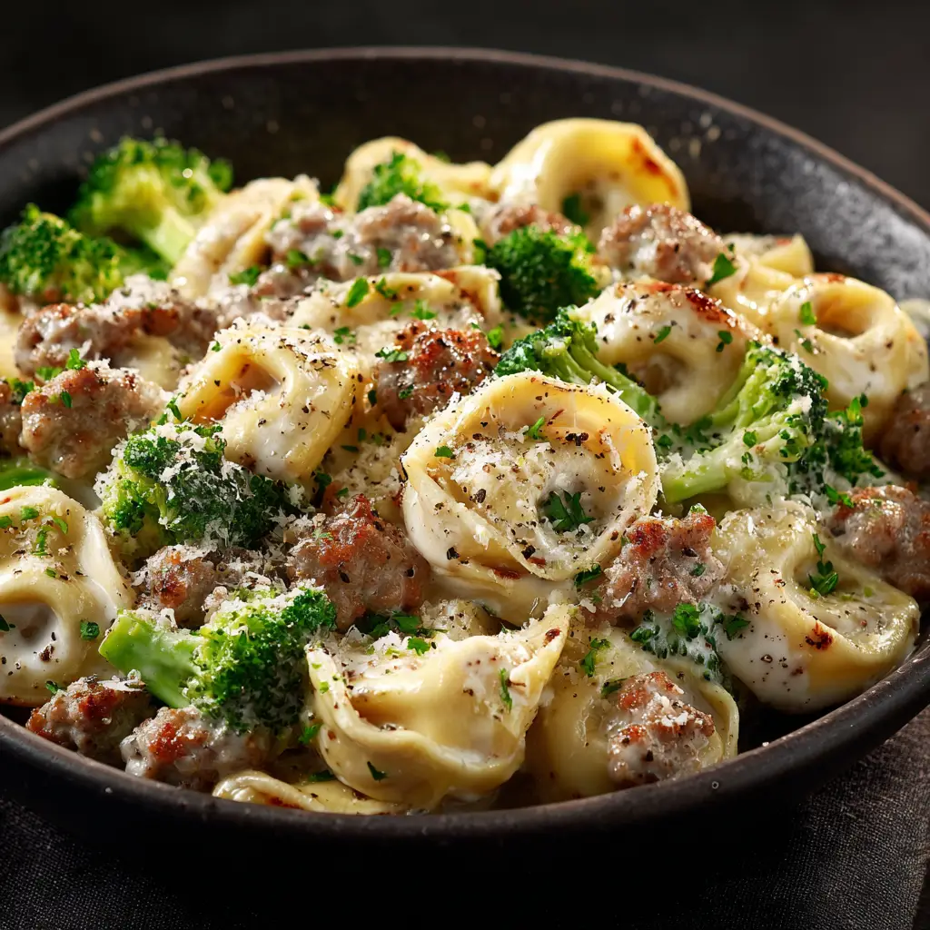 Creamy Sausage Tortellini (Easy 30-Minute Recipe) 2 A spoonful of creamy sausage tortellini being served from a large skillet, showing the tender tortellini and wilted spinach.