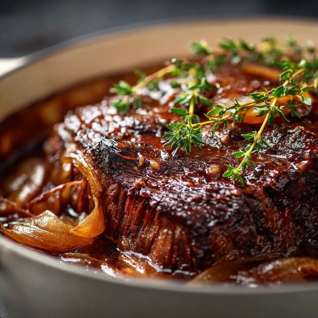 A spoonful of the French Onion Pot Roast being lifted from a dutch oven, showcasing the tender beef, rich gravy, and caramelized onions.