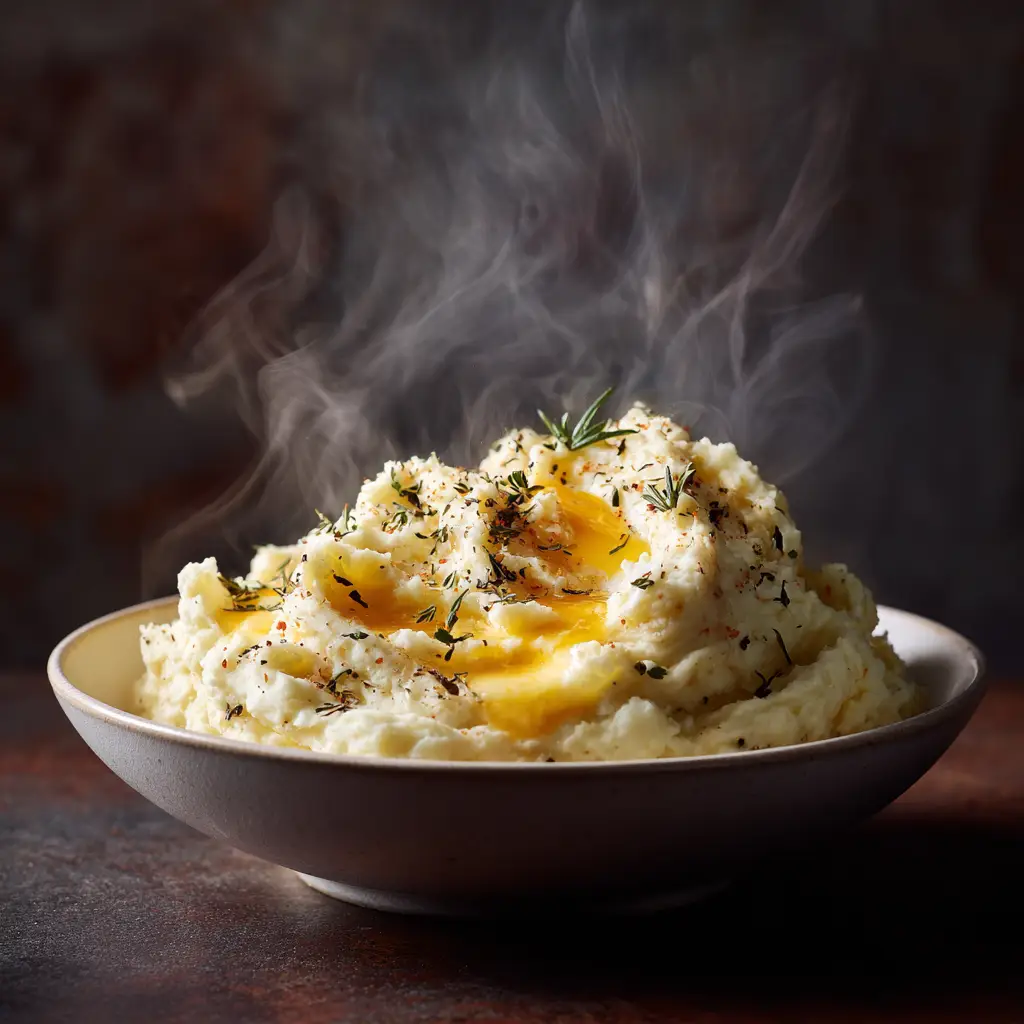 A beautiful serving bowl of Gouda mashed potatoes on a dinner table, ready to be served alongside a main course.
