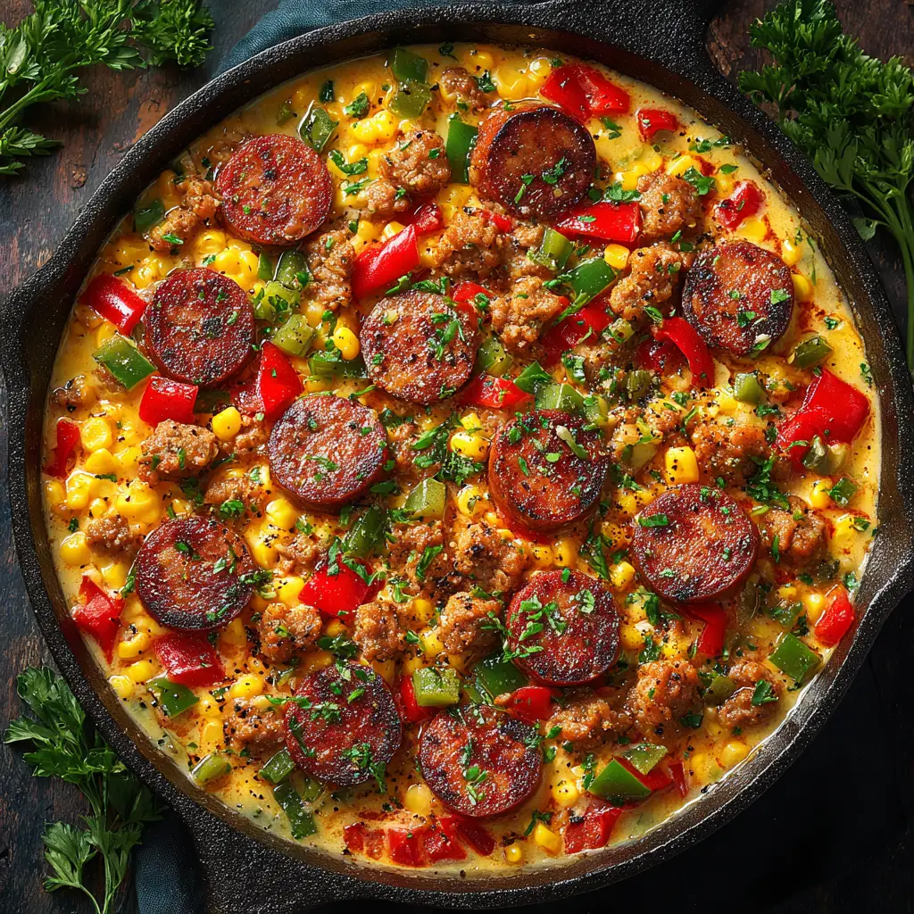 A spoonful of Maque Choux with Sausage being lifted from the skillet, showing the creamy texture and ingredients.