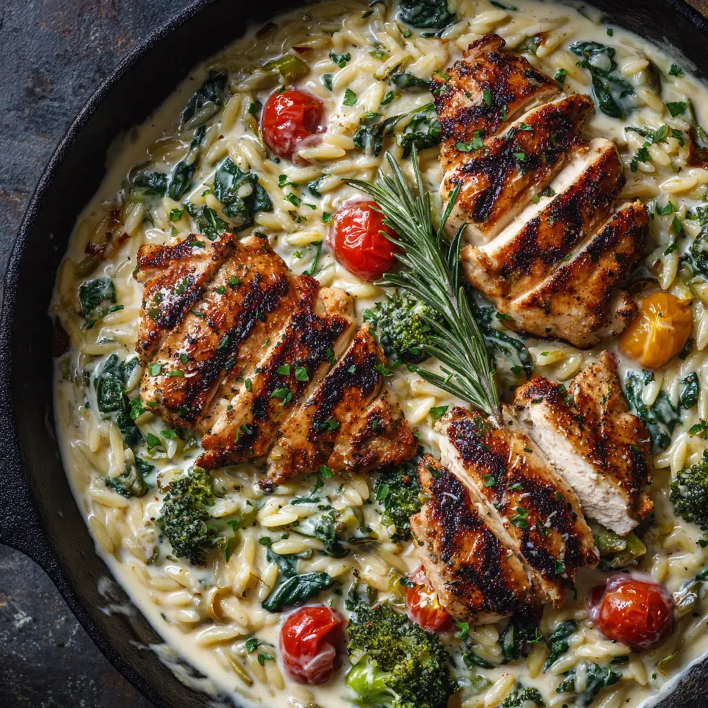 A spoonful of Mediterranean chicken orzo being lifted from the skillet, showcasing the delicious mix of ingredients ready to be served.