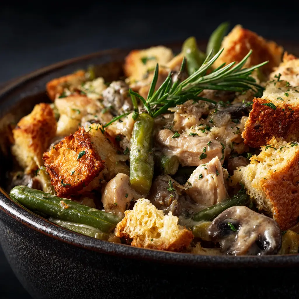 A spoonful of slow cooker chicken and dressing being lifted from the pot, illustrating the perfect consistency of the one-pot meal.