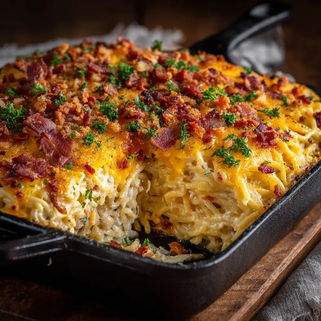 A spatula lifting the first slice of Southern Spaghetti Bake from the casserole dish, revealing the distinct, delicious layers of pasta, creamy filling, and meat sauce.