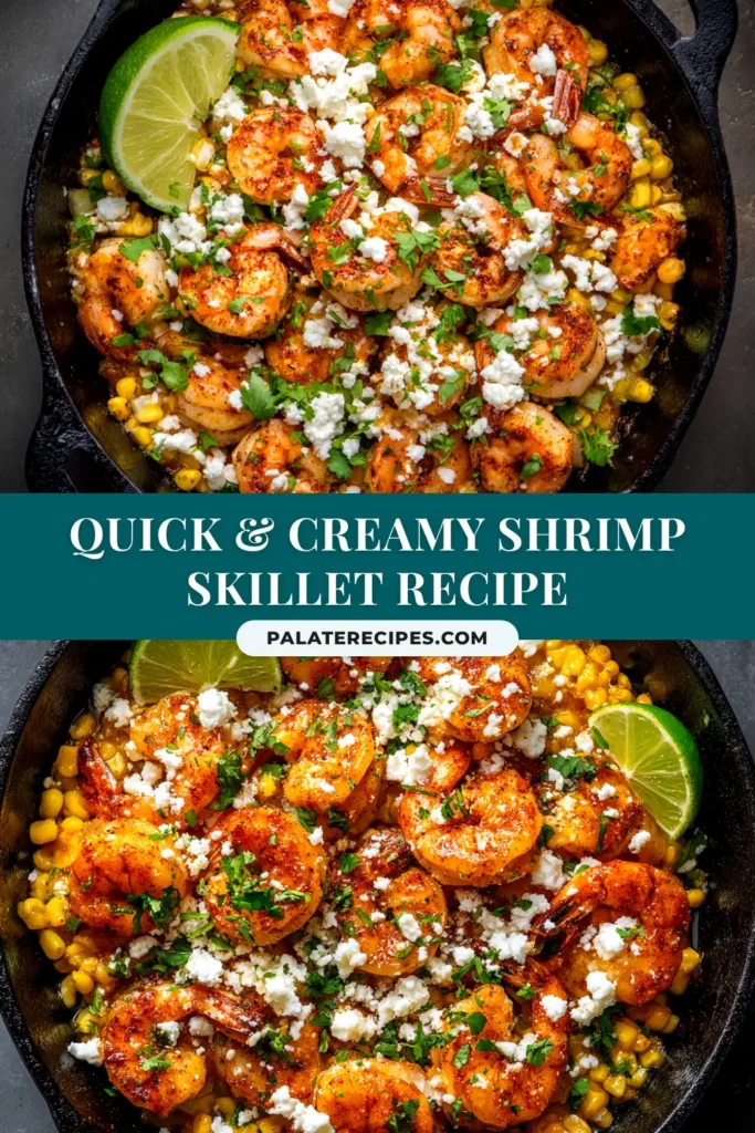 An overhead shot of a skillet filled with creamy shrimp and creamed corn, garnished with fresh parsley. The perfect 30-minute weeknight dinner.
