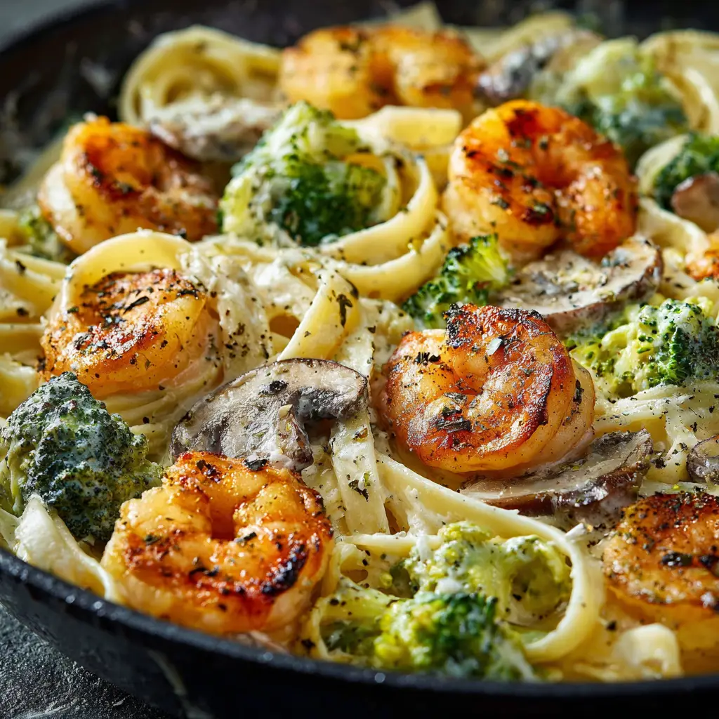 A serving of garlic shrimp alfredo with broccoli in a rustic bowl, garnished with fresh parsley and extra Parmesan cheese.