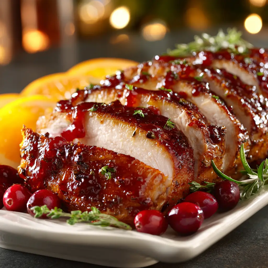 Slices of juicy cranberry orange turkey breast arranged on a serving platter, garnished with fresh rosemary sprigs and orange twists.
