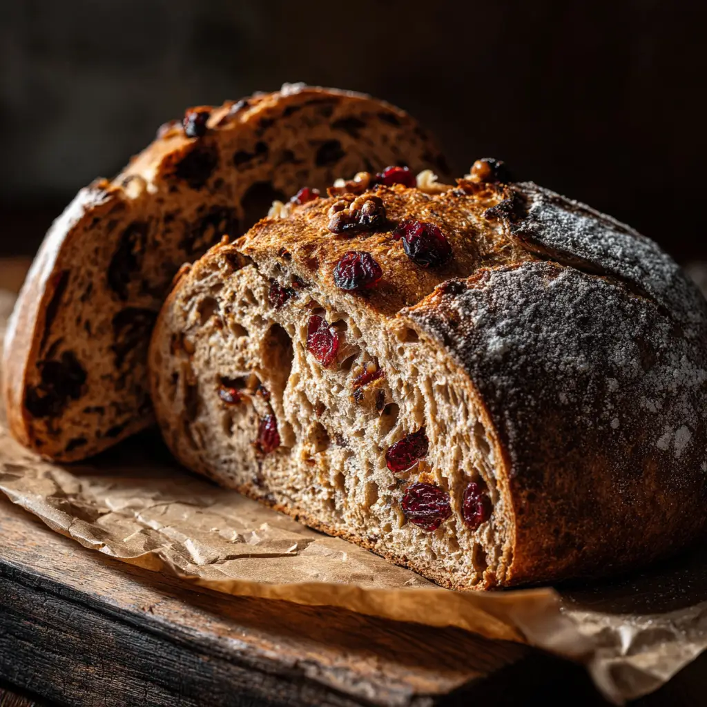 A sliced loaf of cranberry walnut bread, revealing the soft, airy interior packed with cranberries and walnuts.