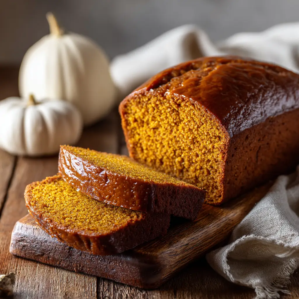 Pumpkin Bread Recipe (The Only One You'll Ever Need) 2 Several thick slices of moist pumpkin bread arranged neatly on a wooden board. The texture is visibly soft and tender, showcasing the perfect crumb.