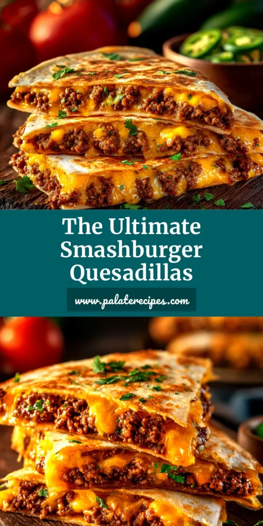 A delicious, crispy Smashburger Quesadilla cut in half to show the juicy beef patty and melted cheese inside, served with a side of special sauce.