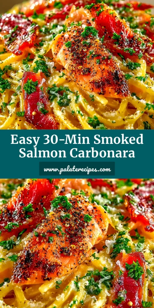 A close-up shot of creamy Smoked Salmon Carbonara in a white bowl, garnished with fresh parsley and black pepper. The pasta is perfectly coated in a silky egg sauce.