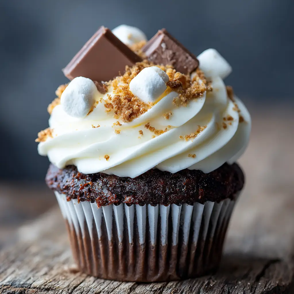 A S'mores Cupcake cut in half to reveal the rich chocolate ganache filling inside the moist chocolate cake, sitting on a graham cracker crust.
