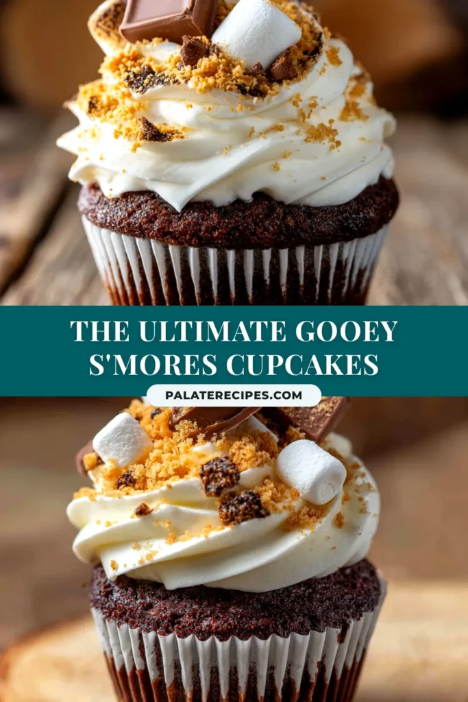 An overhead shot of homemade S'mores Cupcakes arranged on a wooden board. Each cupcake has a chocolate base, graham cracker crust, and a perfectly toasted marshmallow frosting topping, ready to be served.