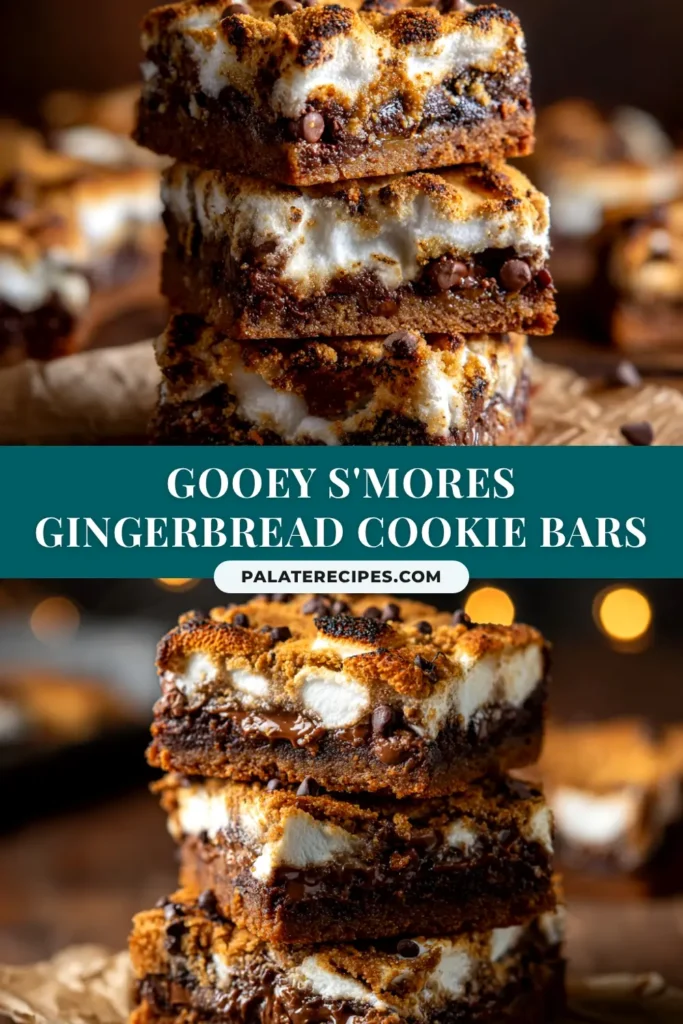 S'mores Gingerbread Cookie Bars: The Ultimate Holiday Treat 4 A close-up shot of S'mores Gingerbread Cookie Bars stacked on a plate, showing the gooey marshmallow topping, melted chocolate, and spiced cookie base. A perfect holiday dessert.