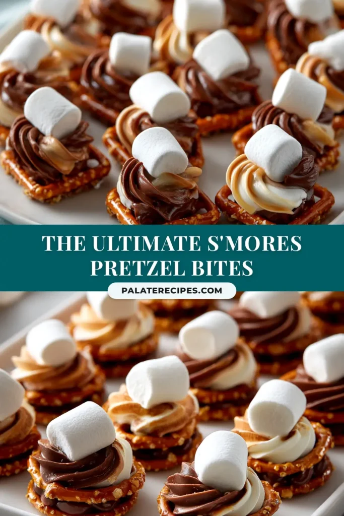 A platter of delicious S'mores Pretzel Bites, featuring toasted marshmallows and melted chocolate on square pretzels. An easy 3-ingredient dessert recipe.
