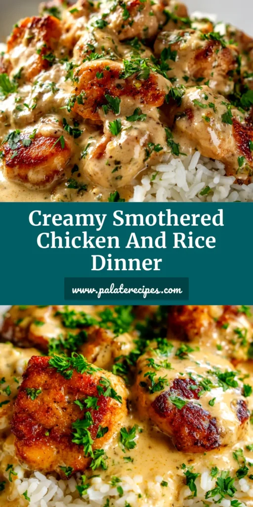 Smothered Chicken and Rice: The Ultimate Comfort Food Recipe 5 A delicious plate of Smothered Chicken and Rice, with tender chicken in a creamy gravy served over fluffy white rice, garnished with fresh parsley.