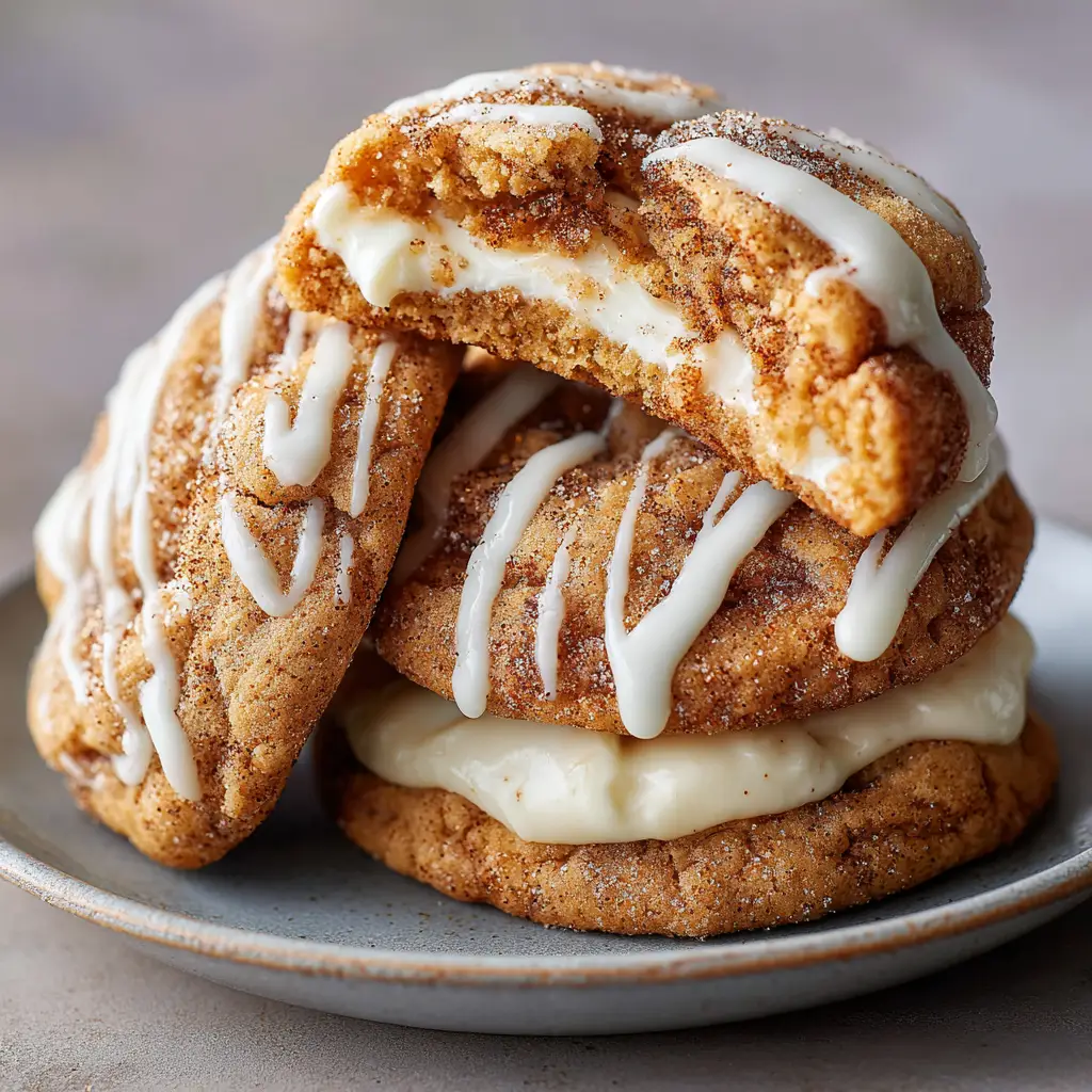 Cinnamon Roll Cheesecake Cookies: The Ultimate Dessert Mashup 3 An extreme close-up shot of two thick, soft-baked cinnamon roll cheesecake cookies. The gooey cinnamon swirl and creamy icing are clearly visible.