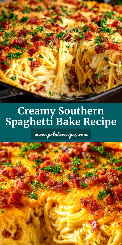 A delicious slice of Southern Spaghetti Bake on a white plate, showcasing the creamy cheese layer and rich meat sauce. This baked spaghetti casserole is the ultimate comfort food.