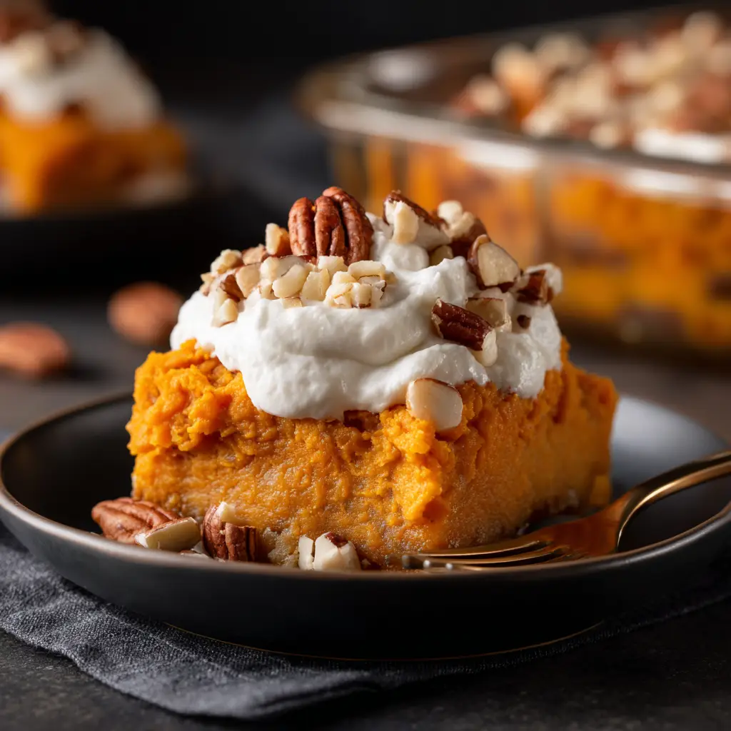 Southern Sweet Potato Casserole (The Ultimate Holiday Recipe) 3 A perfect slice of old-fashioned sweet potato casserole served on a white plate, highlighting the creamy texture of the filling.