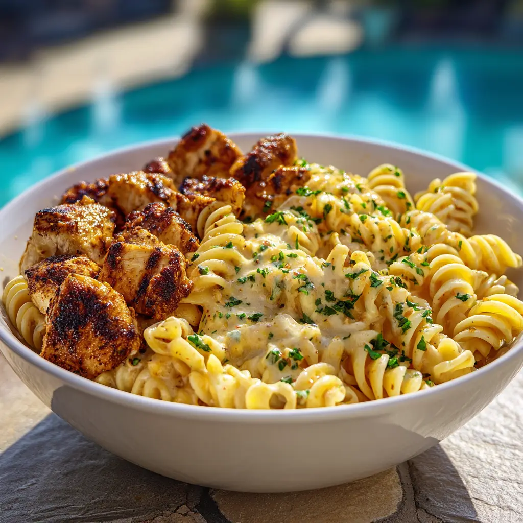 Spicy Cajun Chicken Alfredo (The Ultimate Creamy Recipe!) 2 A fork twirling fettuccine noodles coated in a spicy Alfredo sauce with blackened chicken visible in the background.