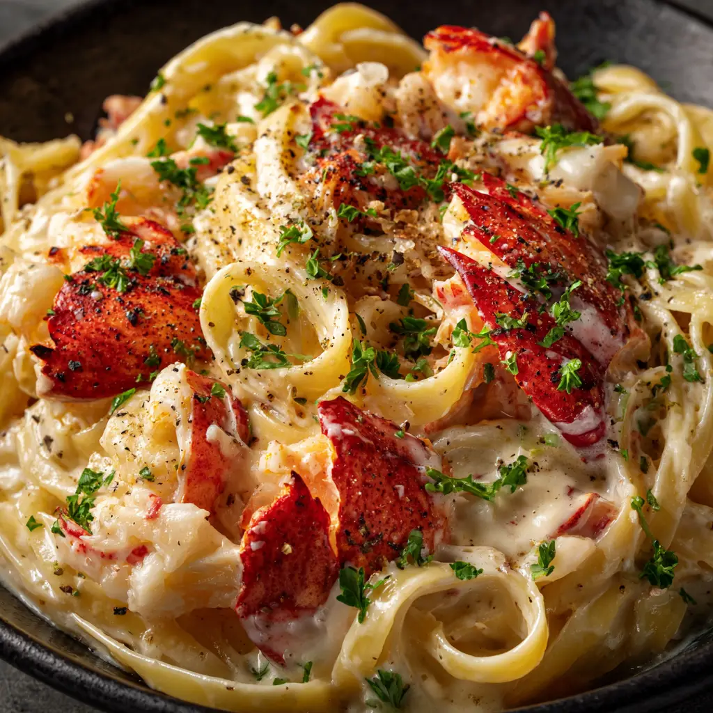 A skillet filled with the finished spicy seafood alfredo, showing the combination of pasta, shrimp, scallops, and sauce before serving.