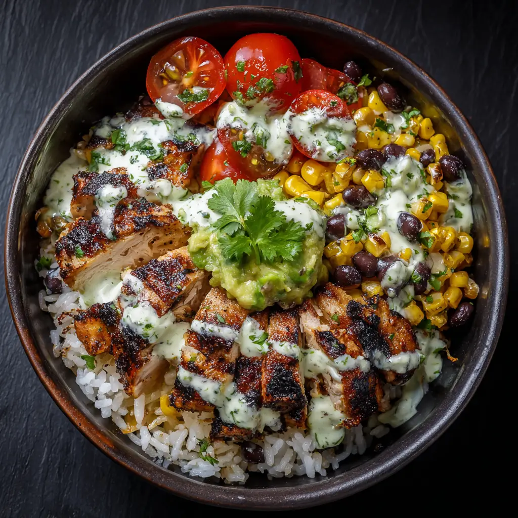 A close-up of the creamy chipotle dressing being drizzled over a healthy street corn bowl, showing the rich texture of the sauce.