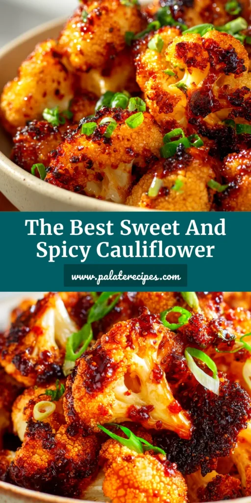 A close-up shot of crispy Sweet and Spicy Baked Cauliflower in a white bowl, garnished with sesame seeds and green onions, showcasing the sticky, glossy glaze.