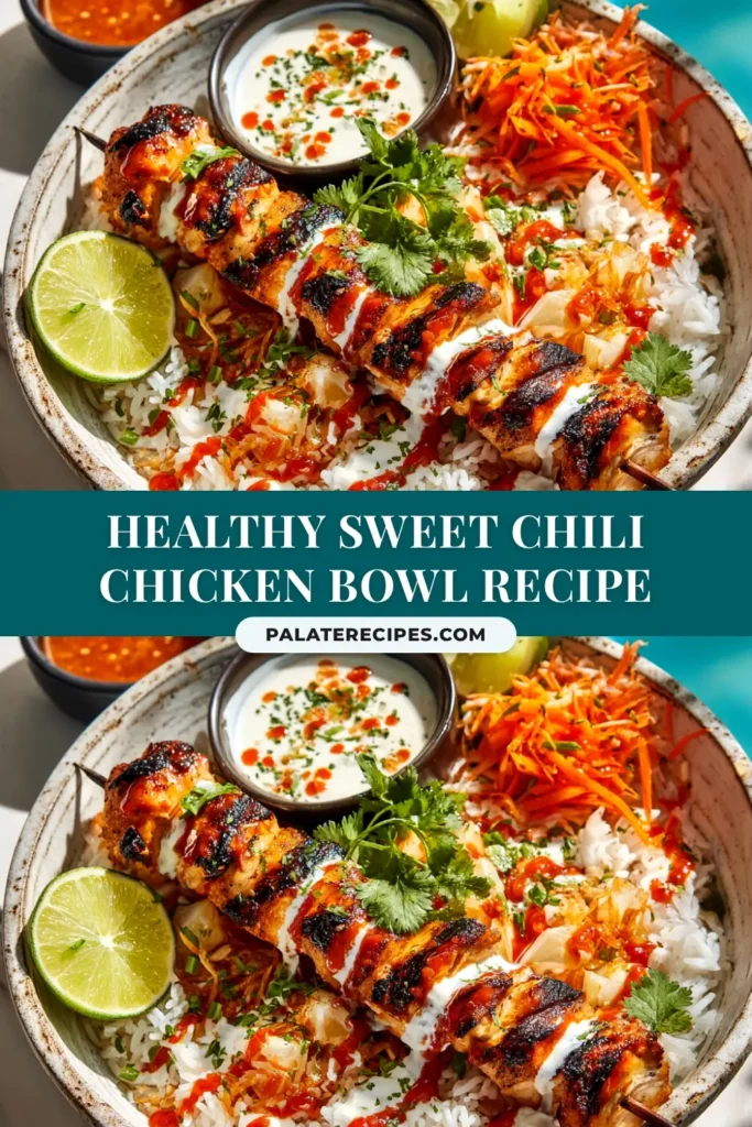 An overhead shot of a vibrant Sweet Chili Chicken Bowl, packed with chicken, broccoli, and peppers over rice in a white bowl. The perfect healthy and easy recipe.