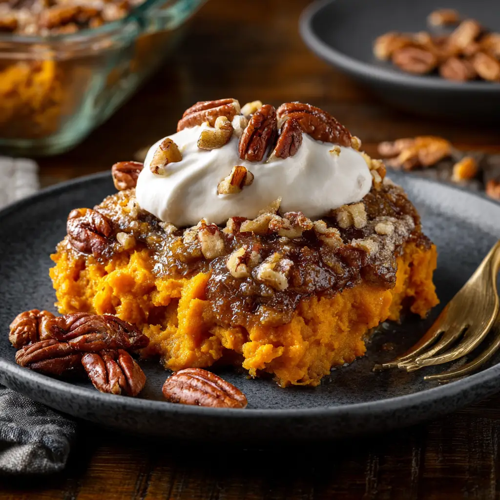 Sweet Potato Casserole: The Ultimate Recipe (with Pecan or Marshmallow Topping) 2 The sweet potato casserole in a baking dish before it goes into the oven, with the pecan topping sprinkled over the filling.