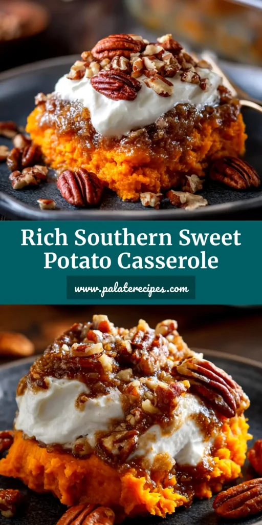 Sweet Potato Casserole: The Ultimate Recipe (with Pecan or Marshmallow Topping) 4 An overhead shot of a classic holiday Sweet Potato Casserole in a baking dish, topped with a crunchy pecan crumble.