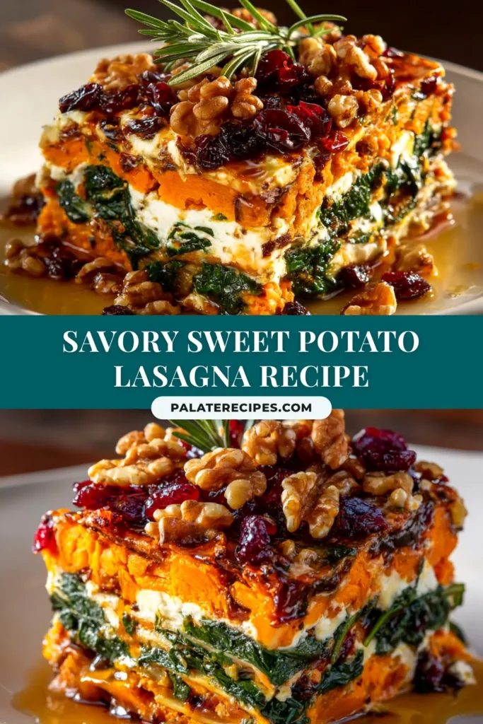 An overhead shot of a freshly baked Sweet Potato Lasagna in a rustic baking dish, with a slice taken out to show the beautiful layers of sweet potato, meat sauce, and melted cheese.