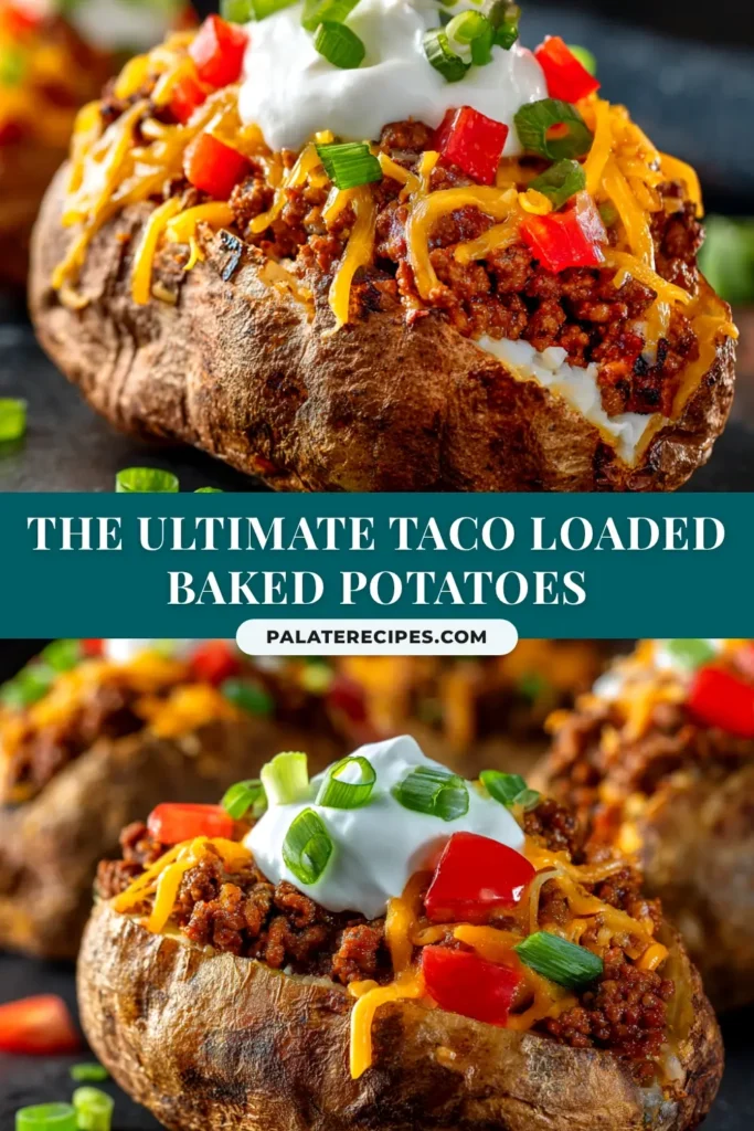 Taco Loaded Baked Potatoes: The Ultimate Weeknight Dinner 4 A delicious Taco Loaded Baked Potato overflowing with seasoned ground beef, melted cheddar cheese, and a dollop of sour cream, served on a rustic plate.