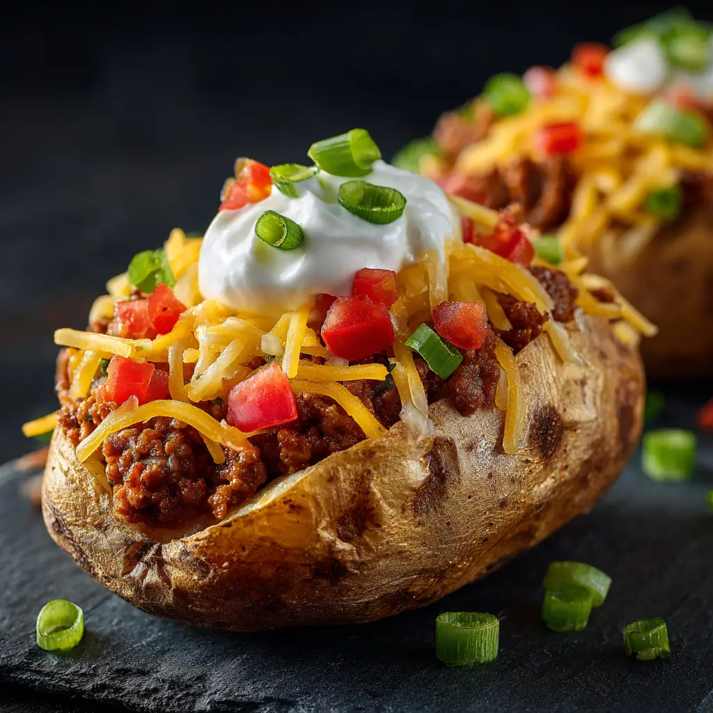 Taco Loaded Baked Potatoes: The Ultimate Weeknight Dinner 2 A close-up view of the savory taco meat filling being spooned into a freshly baked potato, topped with melted shredded cheese.