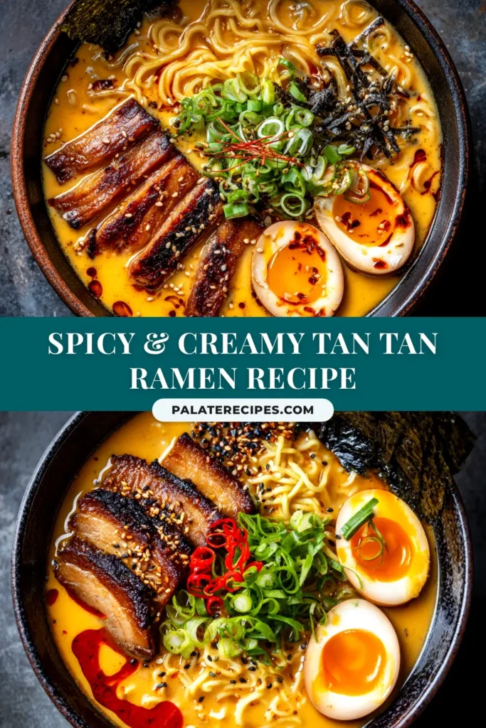 A stunning overhead shot of a bowl of homemade Tan Tan Ramen, featuring a creamy broth, spicy ground pork, a soft-boiled egg, and fresh scallions. This image perfectly captures this delicious Tan Tan Ramen recipe.