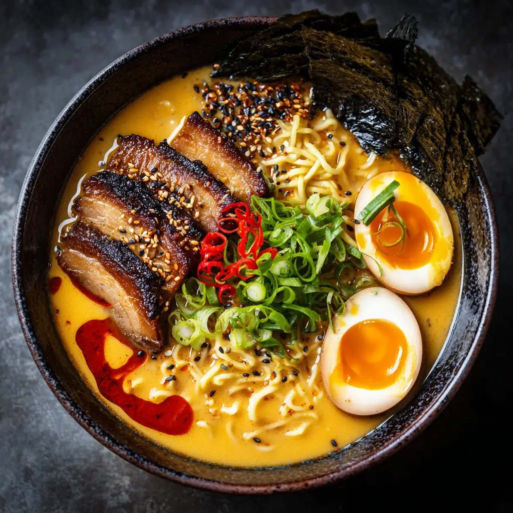 A detailed shot of the Tan Tan Ramen toppings, including savory ground pork, a perfect soft-boiled egg, and fresh bok choy.