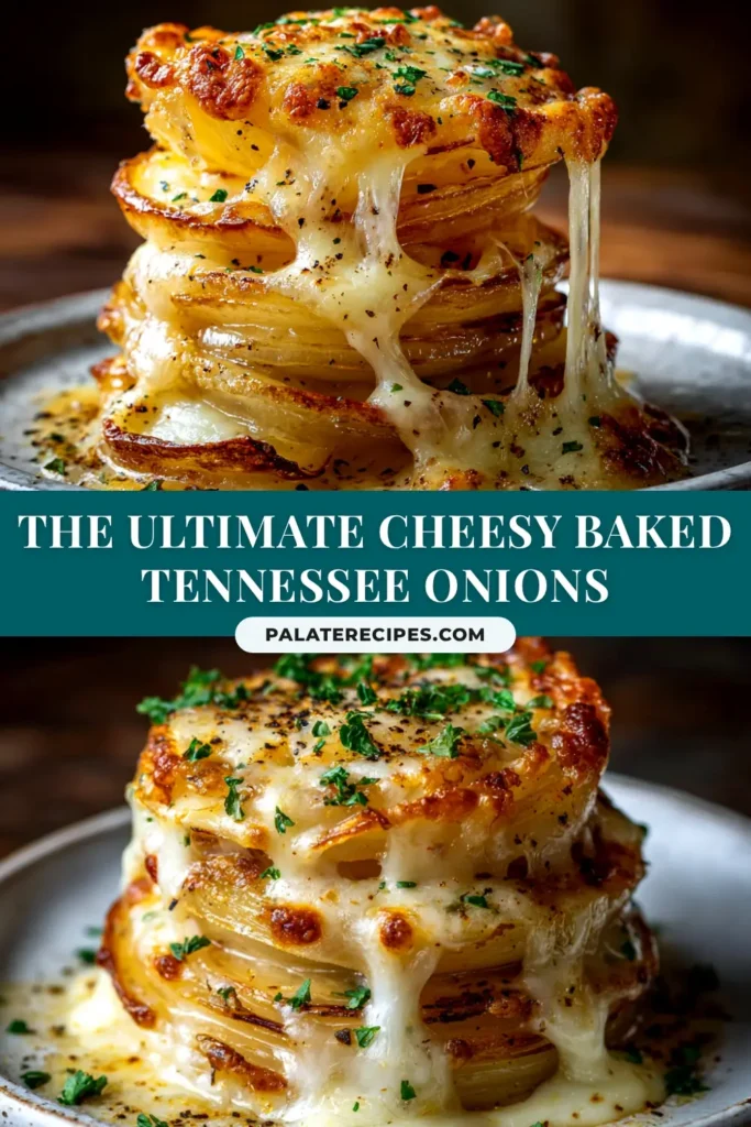 A delicious platter of baked Tennessee Onions with a golden brown, cheesy cracker crust. The perfect Southern side dish recipe.