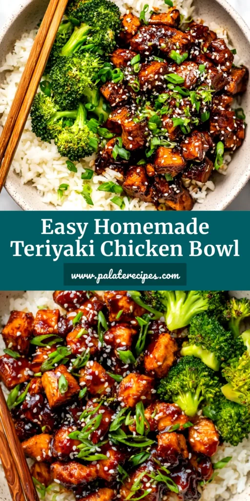 Teriyaki Chicken Bowl (Ready in 20 Minutes!) 4 An overhead shot of a delicious Teriyaki Chicken Bowl, featuring glossy, saucy chicken, fluffy white rice, vibrant green broccoli, and a sprinkle of sesame seeds. This image showcases a quick and easy weeknight dinner idea.