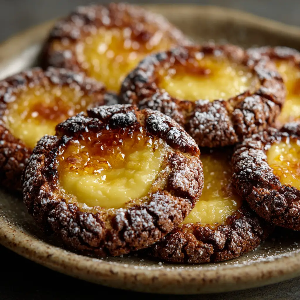 Creme Brulee Cookies: The Ultimate Recipe for a Crackly Top 2 A close-up of a single creme brulee cookie being caramelized with a kitchen torch, showing the sugar melting and turning golden brown.