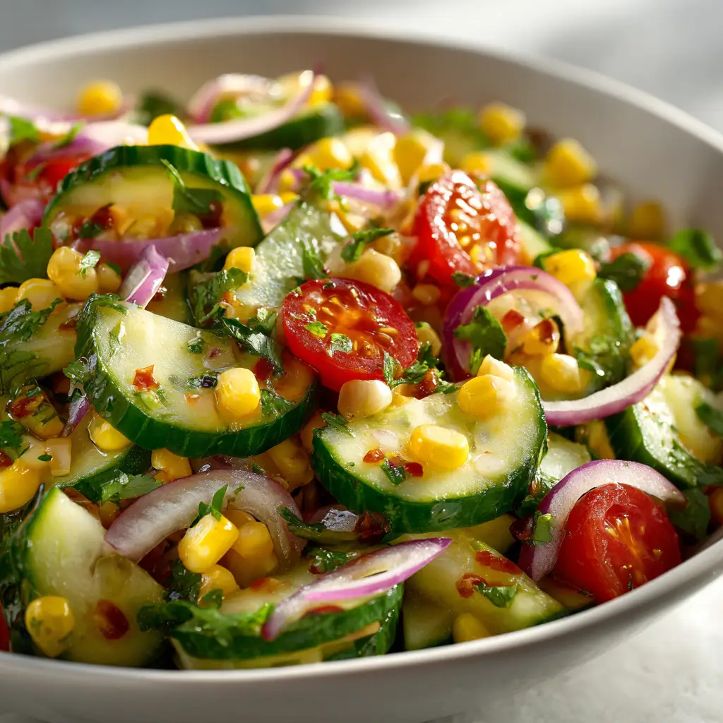 A large bowl of Mexican-style cucumber salad being tossed with a zesty lime dressing.